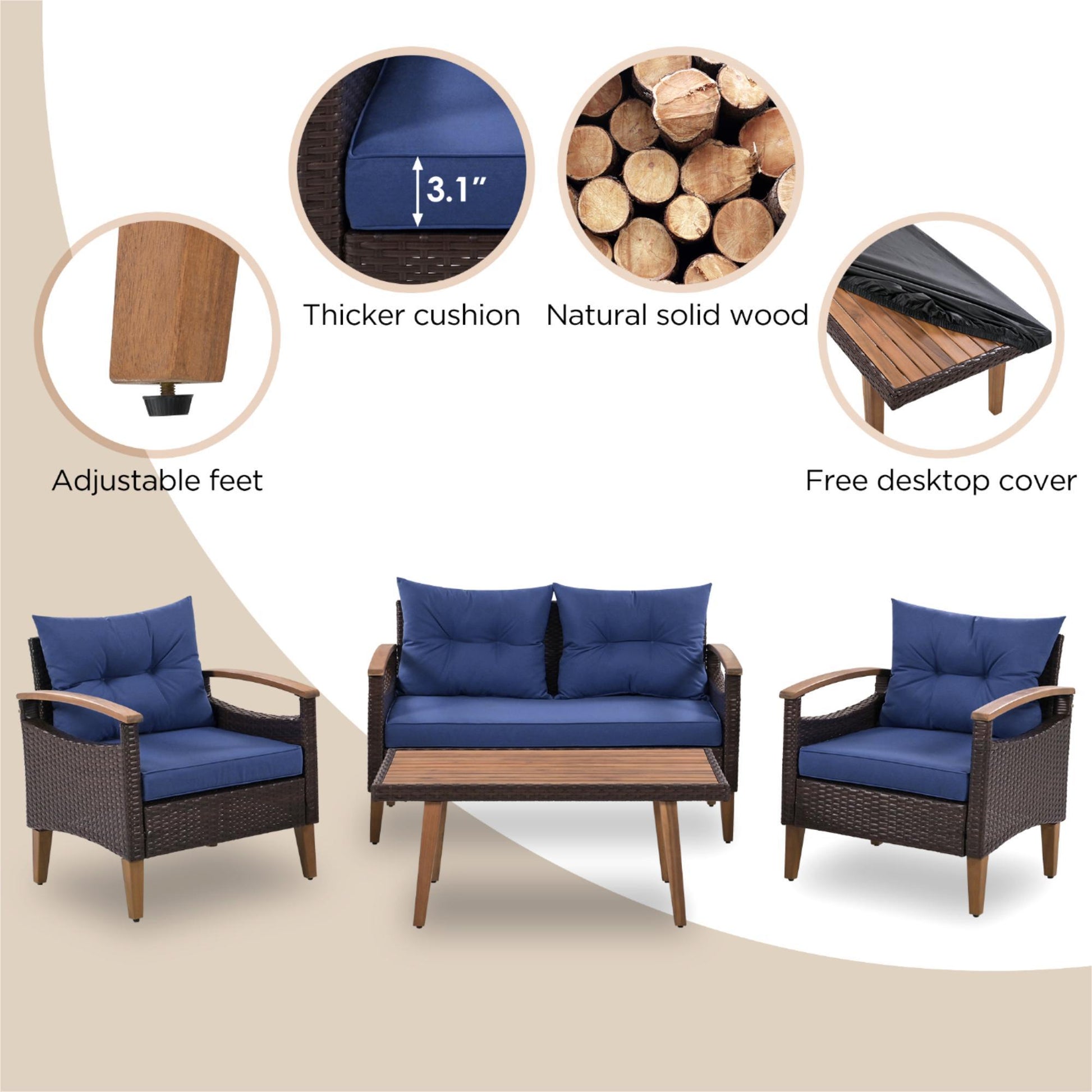 4-Piece Garden Furniture, Patio Seating Set, PE Rattan Outdoor Sofa Set, Wood Table And Legs, Brown And Blue Inkedjoy