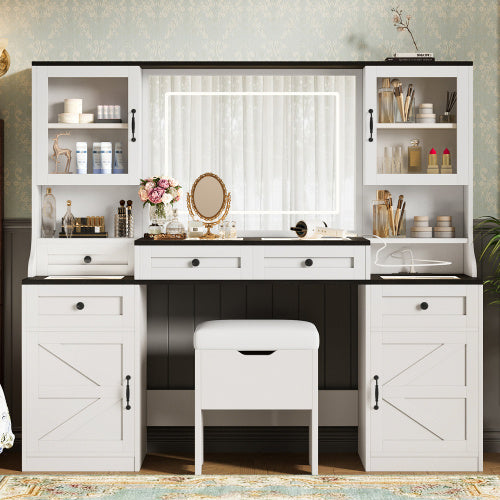 Farmhouse Vanity Desk With Mirror And LED Lights With 5 Drawers And 4 Cabinets And Cushion Stool Inkedjoy