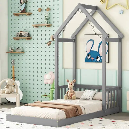 Twin House-shaped Roof Headboard Floor Bed,,without Slats,Grey My Store