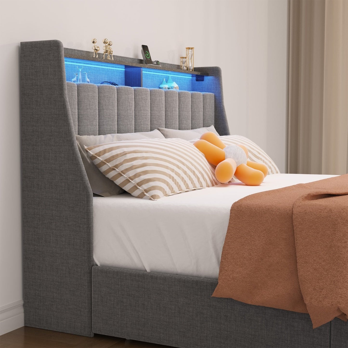 Queen Size Bed Frame With LED, Storage Drawers, Wings Headboard My Store