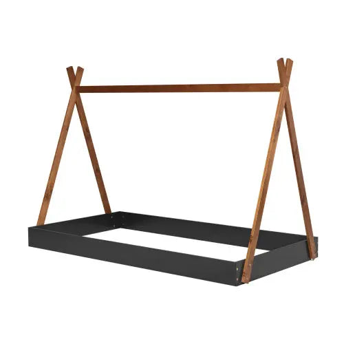 Twin Size Tent Floor Bed With Triangle Structure, Black Brown My Store