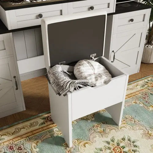 Farmhouse Vanity Desk With Mirror And LED Lights With 5 Drawers And 4 Cabinets And Cushion Stool Inkedjoy