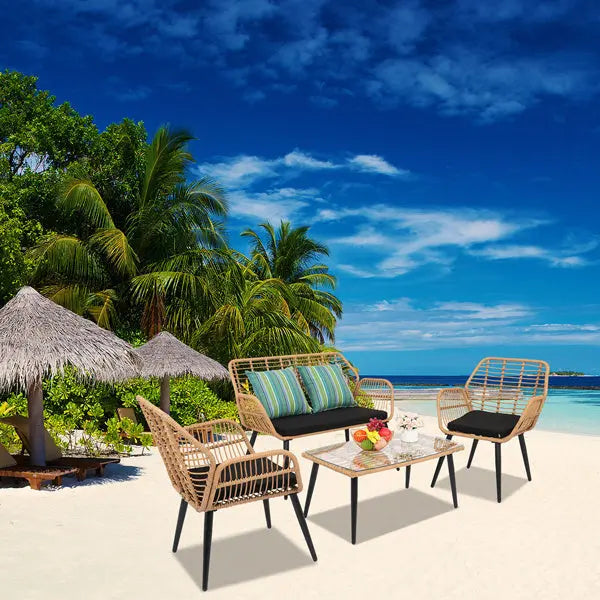 Yellow Round Rattan, Black Seat Cushion, Braided Rattan Four-piece Set My Store