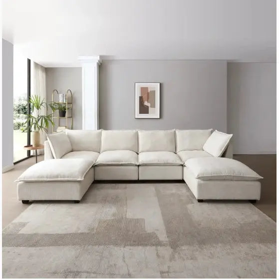 Sectional Sofa, Linen Fabric Set With Convertible Ottoman My Store
