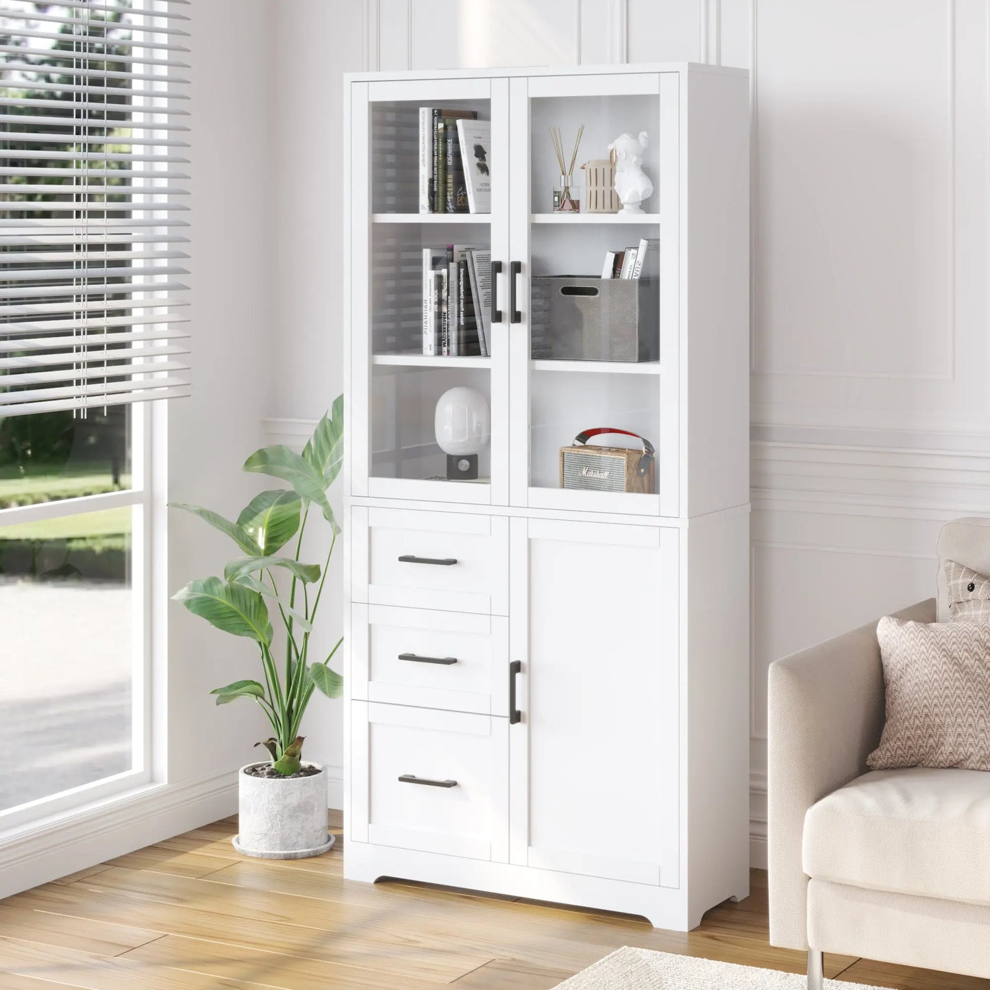 3 Doors, 3 Draws, 5 Layers, 78x38.5x170cm, Display Cabinet , Storage Cabinets White My Store