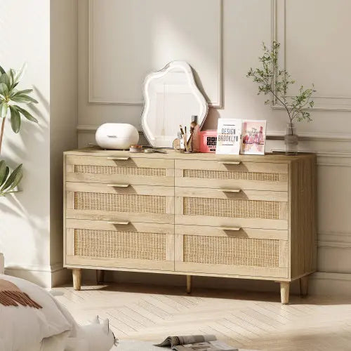 Rattan Dresser With Drawers, 6 Drawer Dresser -Natural My Store