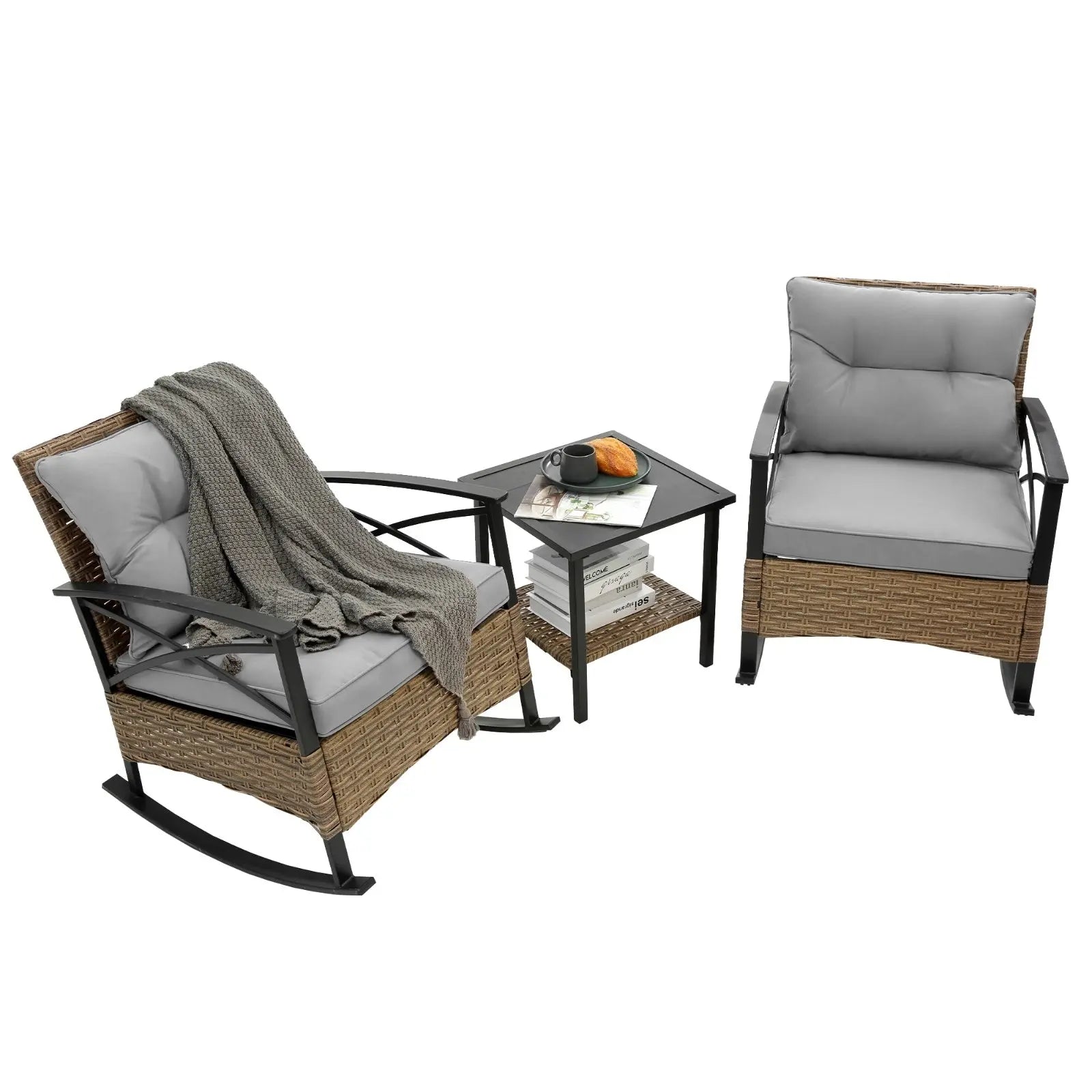 3pcs Rattan Rocking Chair Set Outdoor Leisure Grey My Store