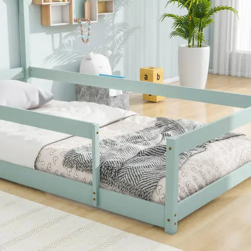 Twin Size Wood Bed With House-shaped Headboard Floor Bed With Fences,Light Green My Store