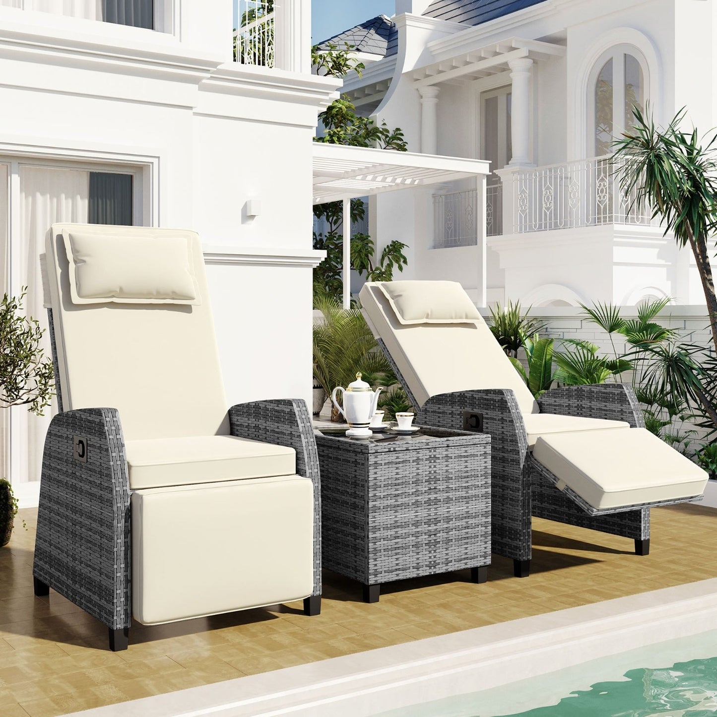 U Style Outdoor Rattan 2-Person Combo W  Coffee Table, Adjustable For Courtyard Inkedjoy