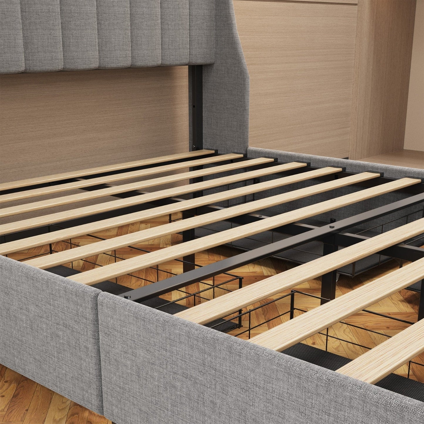 Queen Size Bed Frame With LED, Storage Drawers, Wings Headboard My Store