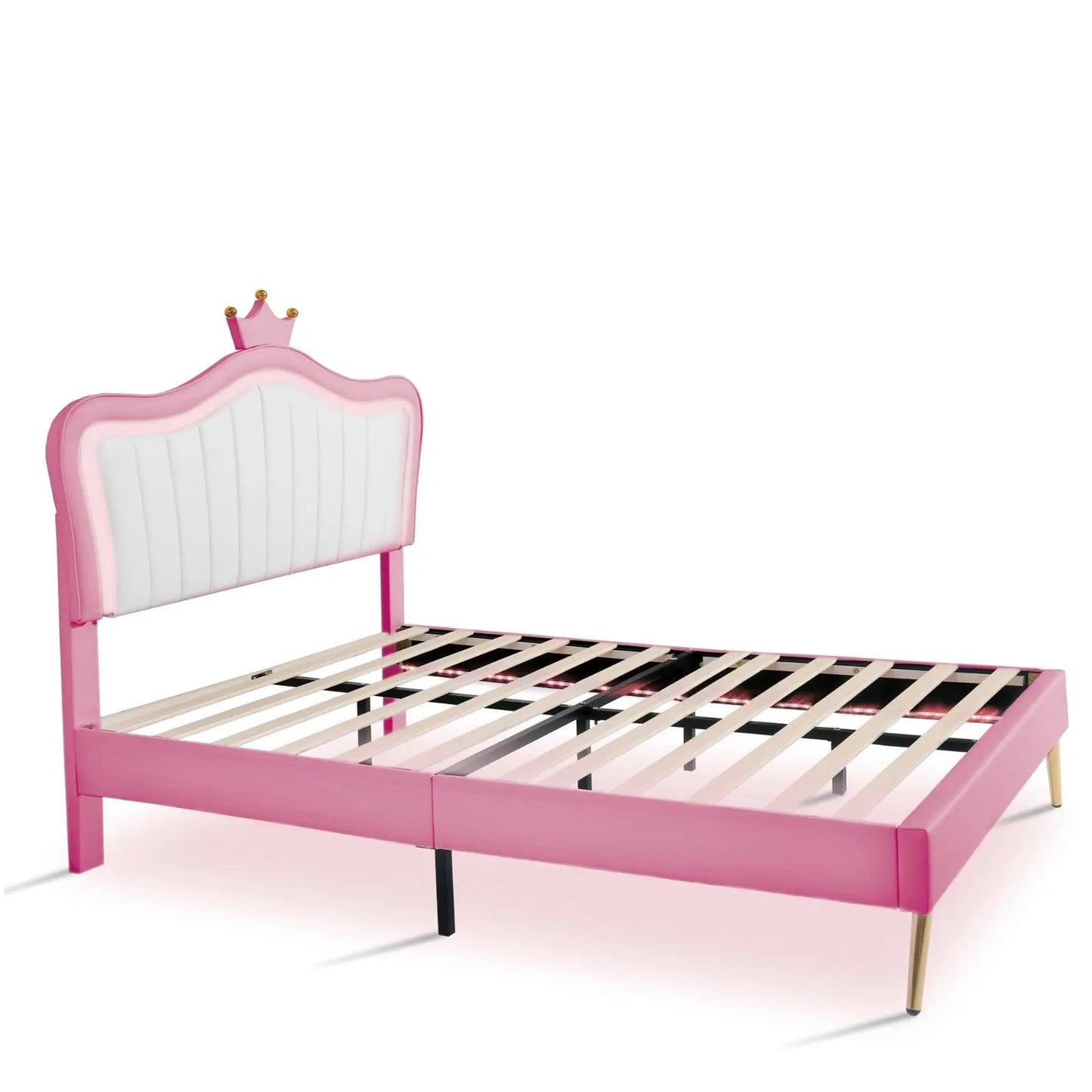 Full Size Upholstered Bed Frame With LED Lights & Crown Headboard My Store