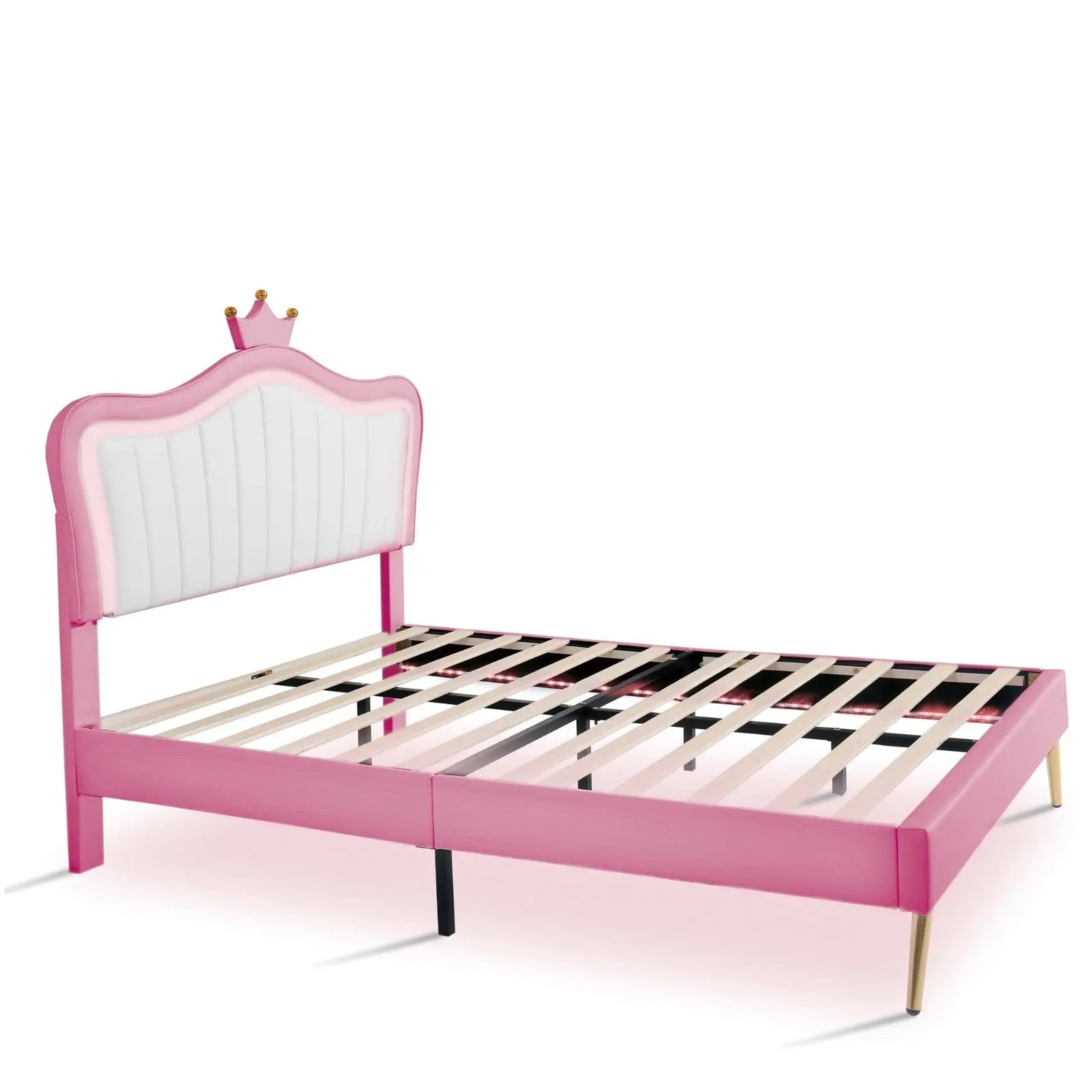Full Size Upholstered Bed Frame With LED Lights & Crown Headboard My Store