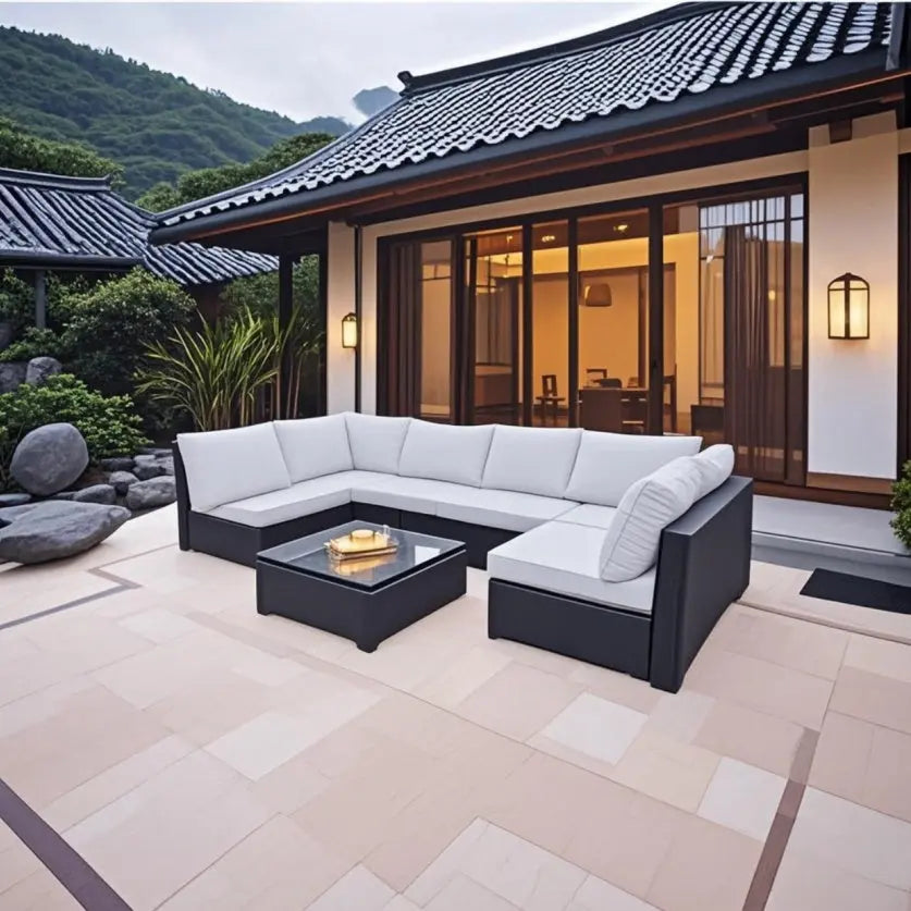 Seven-Piece Sofa Set Table With Sofa Chair Black PE Rattan With Color Cushion My Store