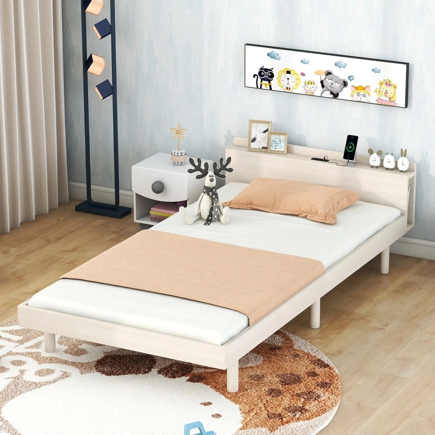 Modern Twin Platform Bed Frame With USB Ports, White Washed Color My Store