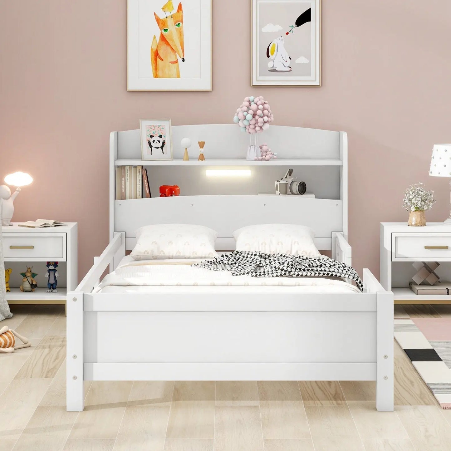 Twin Size Wood Platform Bed With LED, Storage Headboard & Guardrail, White My Store