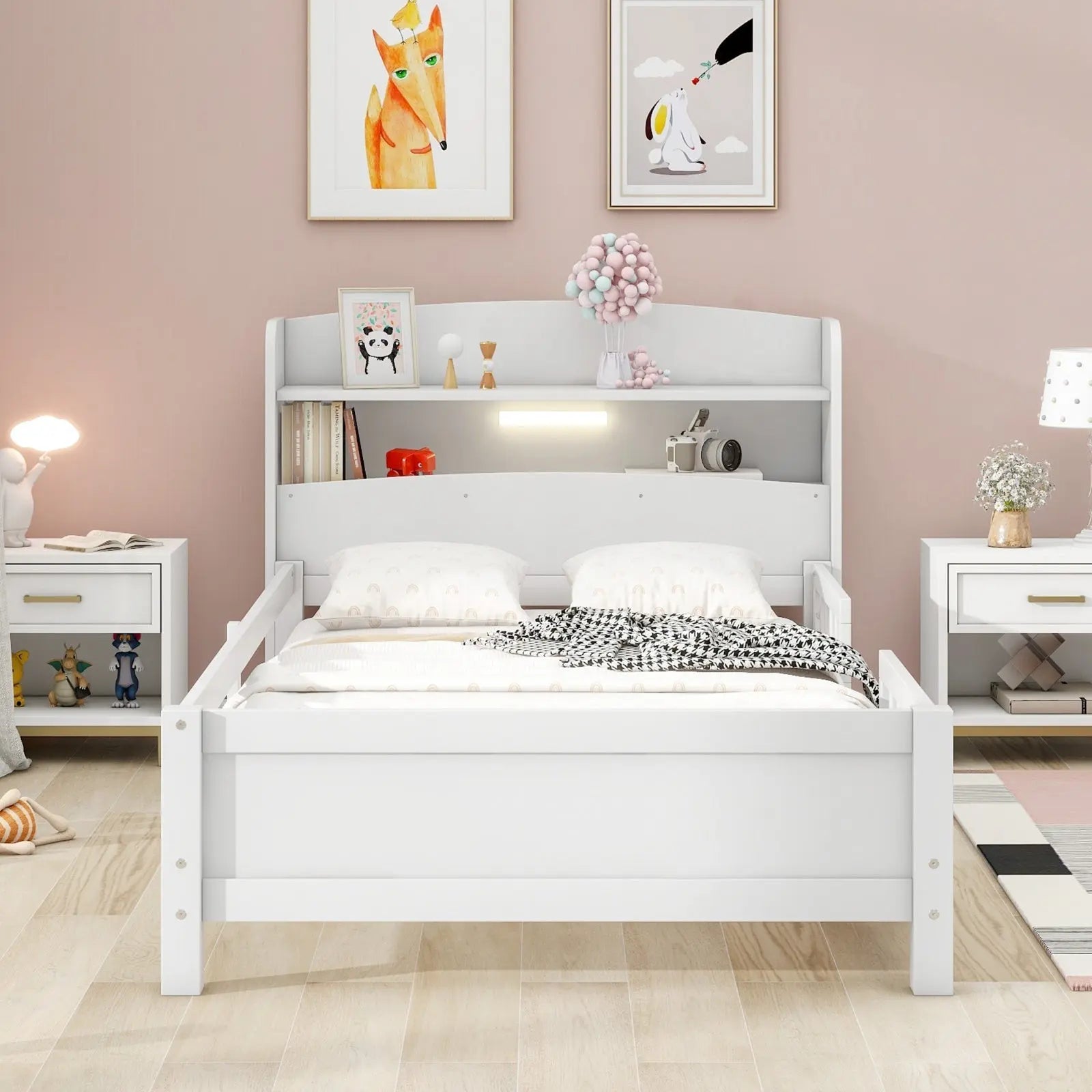 Twin Size Wood Platform Bed With LED, Storage Headboard & Guardrail, White My Store