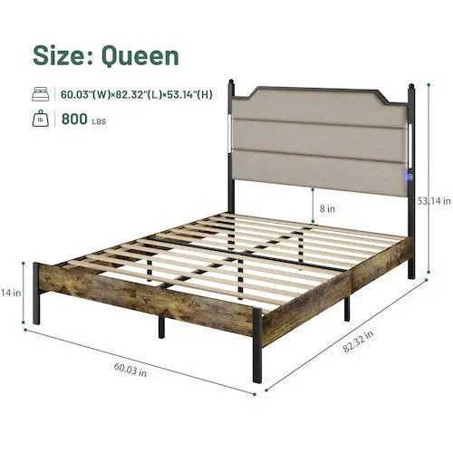 Queen Size Bed Frame With Upholstered Headboard Bed Frame With Charging Station And LED Lights, Wood Slats Brown My Store