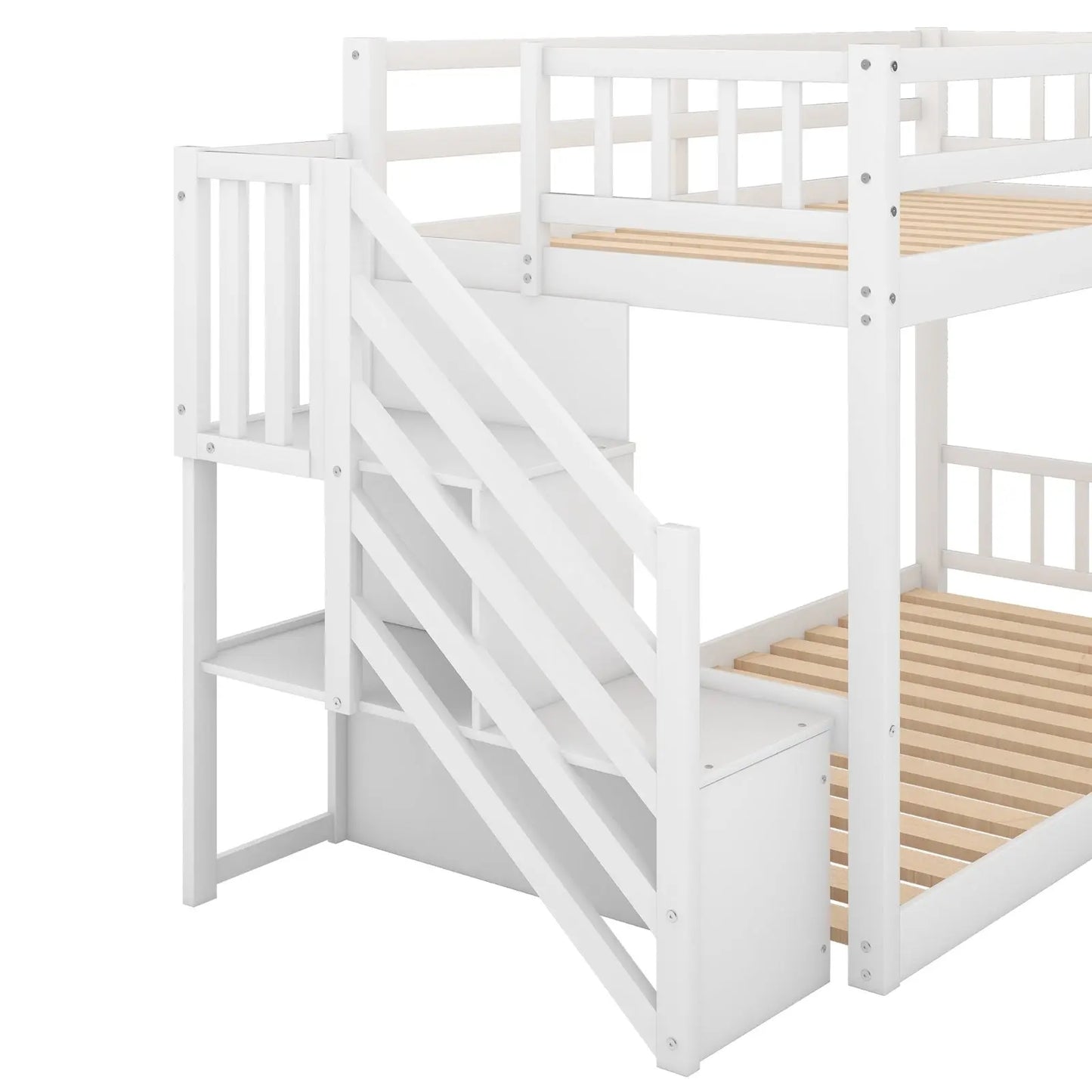 Twin Over Twin Floor Bunk Bed, Ladder With Storage, White My Store
