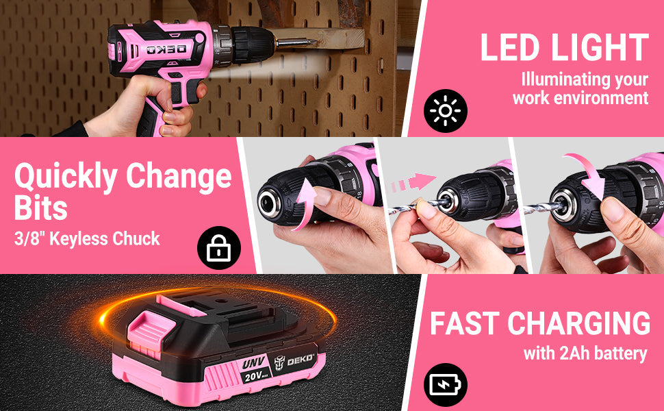 DEKO Pink Drill Tool Kit Set: 20V Cordless Power Drill Tool Box with Battery Electric Drill Driver Ohberri