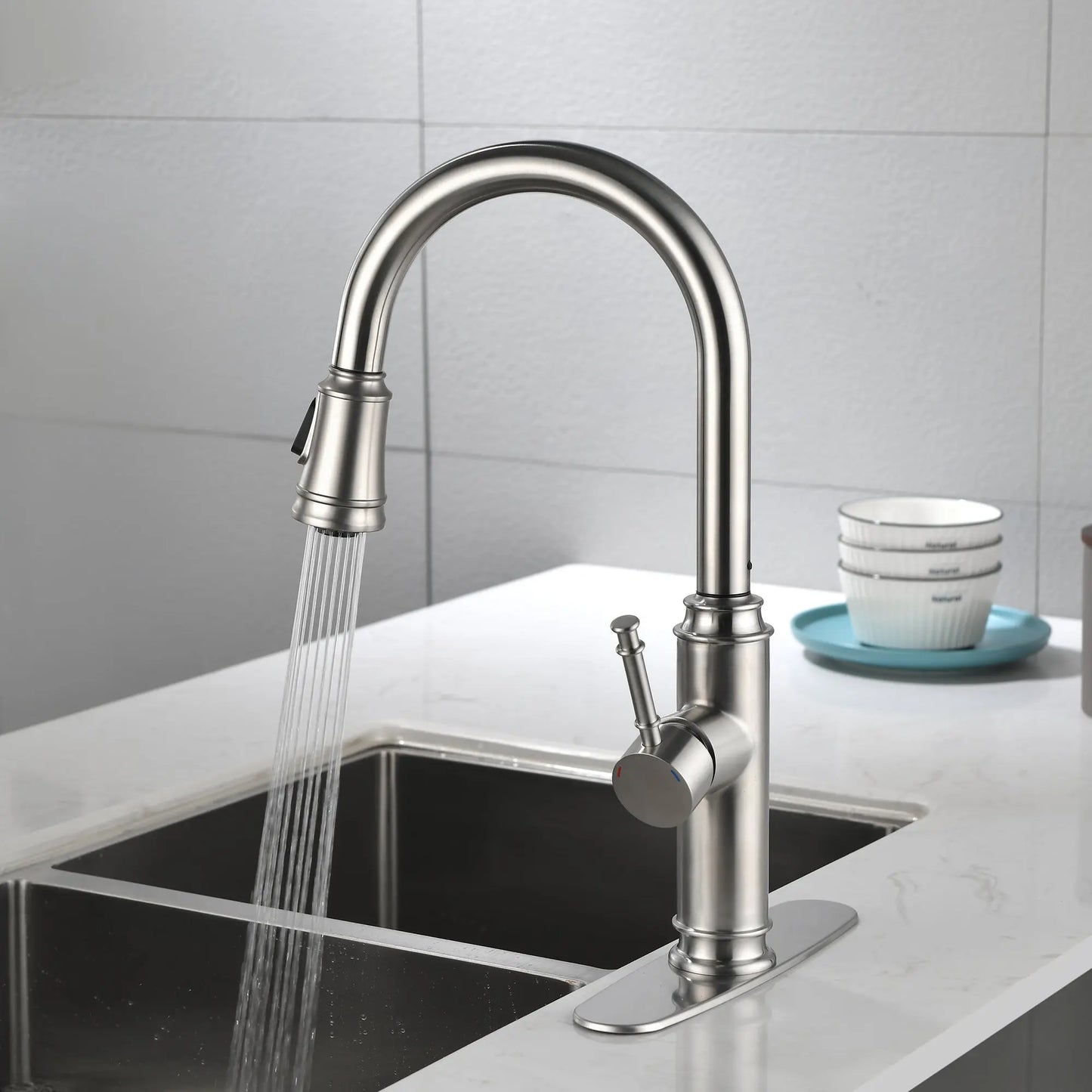 Single Handle High Pull Out Kitchen Faucet- Stainless Steel Ohberri