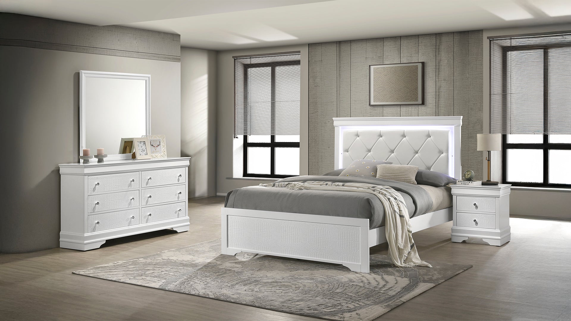 4 Piece Twin Bedroom Set with Upholstered LED Headboard, Wood Frame in White - Ohberri