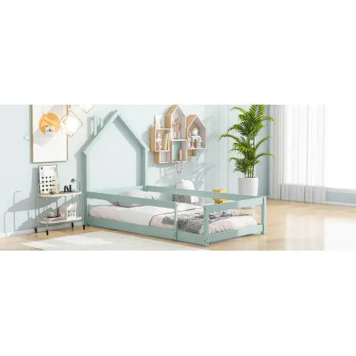 Twin Size Wood Bed With House-shaped Headboard Floor Bed With Fences,Light Green My Store