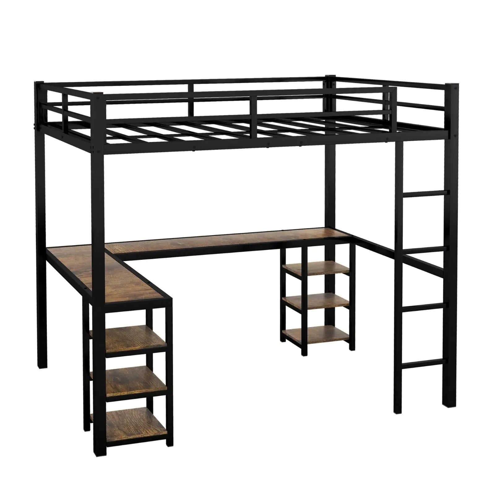 Full Metal Loft Bed With Desk And Shelves, Loft Bed With Ladder And Guardrails- Black My Store