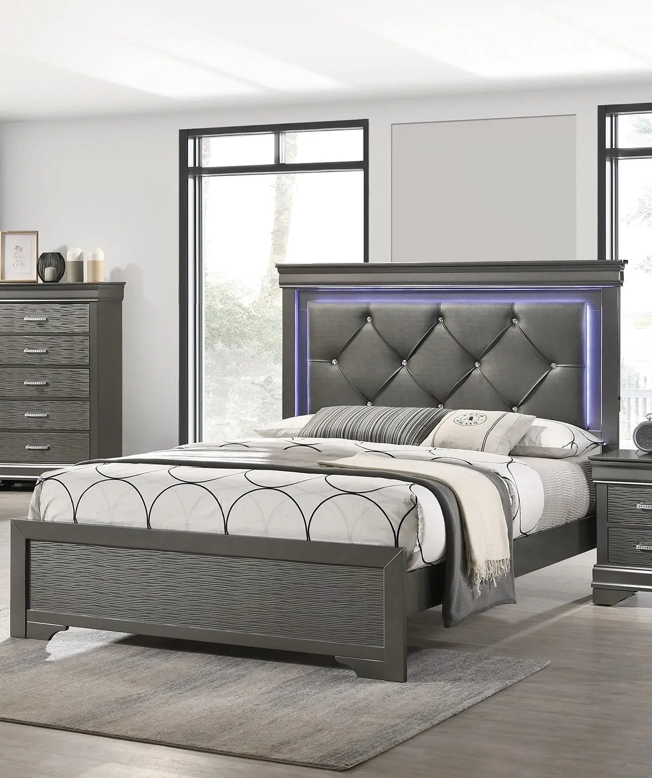 Dark Gray Faux Leather Tufted Headboard 1pc Queen Size Bed W LED Bedroom -Grey My Store