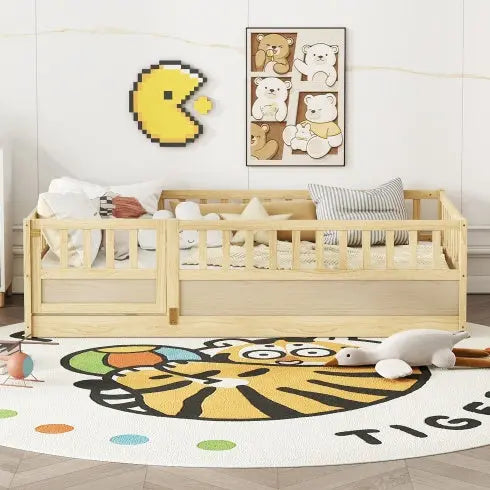 Twin Size Floor Bed, Integral Construction With Super High Security Barrier, Door, Children's Floor Bed Frame, Montessori Wooden Children's Floor Bed, Support Slat White My Store