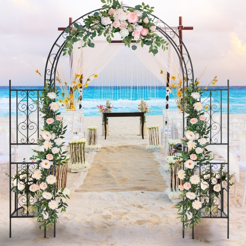 7ft Double-layer Curved Roof With Screen, Planting Frame, Black Wrought Iron Arch Inkedjoy