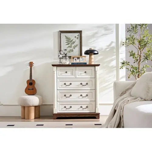 Farmhouse Style 5 Drawer Dresser Chest With Base Wooden Rustic My Store