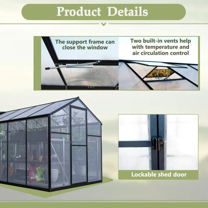 6' X 12' Thicked Polycarbonate Greenhouse With Double Flush Door My Store