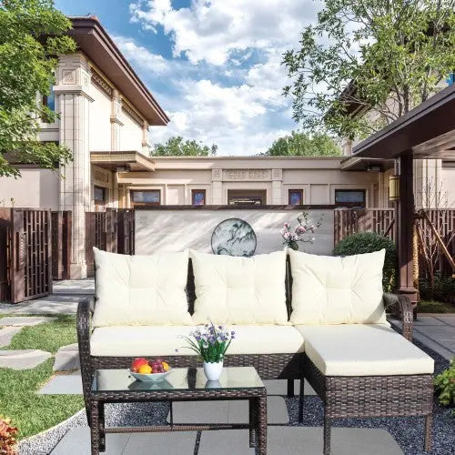 Outdoor Patio Furniture Sets 3 Piece Conversation Set Wicker Ratten Sectional Sofa With Seat CushionsBeige Cushion My Store