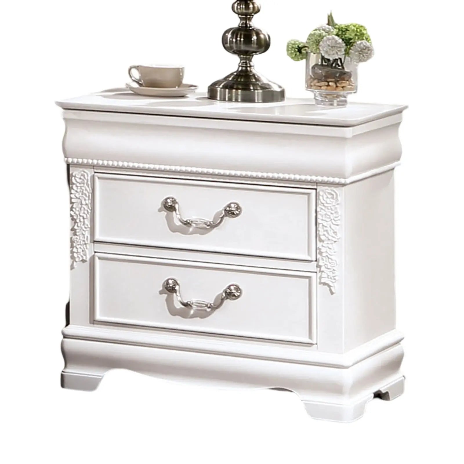Classic White Color 1pc Nightstand Bedroom Furniture Solid Wood Nickel Hanging Pulls 2-Drawers Bedside Table My Store