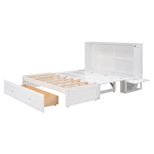 Queen Size Mobile Murphy Bed With Drawer And Little Shelves On Each Side,White My Store