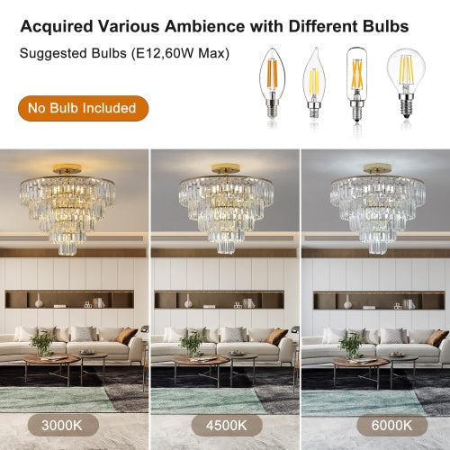 Golden Crystal Chandelier, 5-layer Round Semi-recessed Chandelier Lamp Inkedjoy