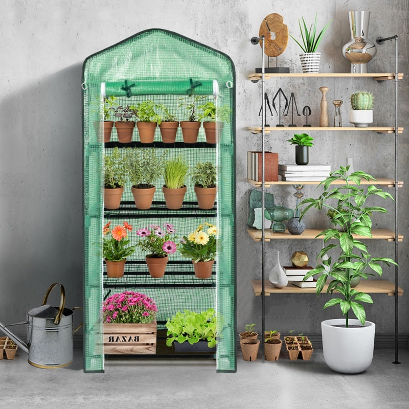 69x49x160cm PE Fabric Flower Room, Black Iron Pipe Pointed Mini Strip, 4-layer Grid Flower Rack With Zipper Roll Door Inkedjoy