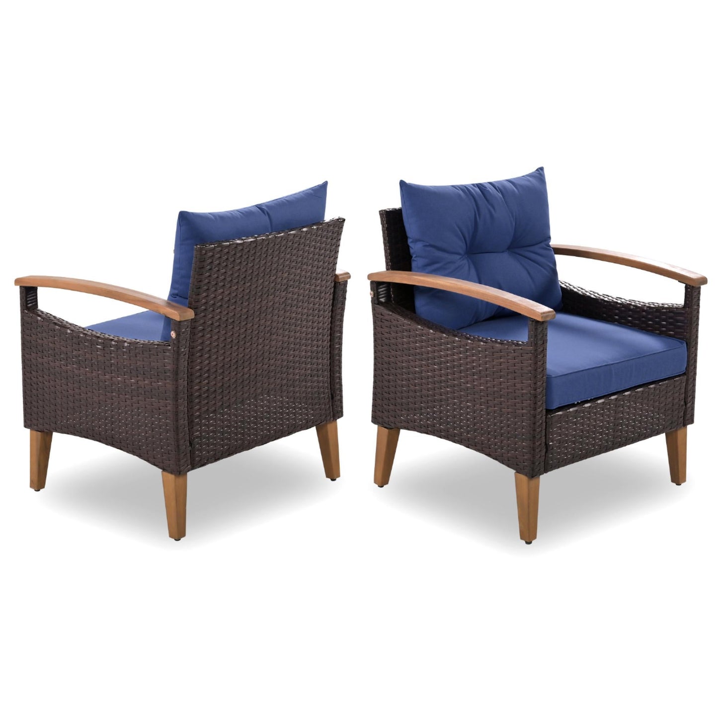 4-Piece Garden Furniture, Patio Seating Set, PE Rattan Outdoor Sofa Set, Wood Table And Legs, Brown And Blue Inkedjoy