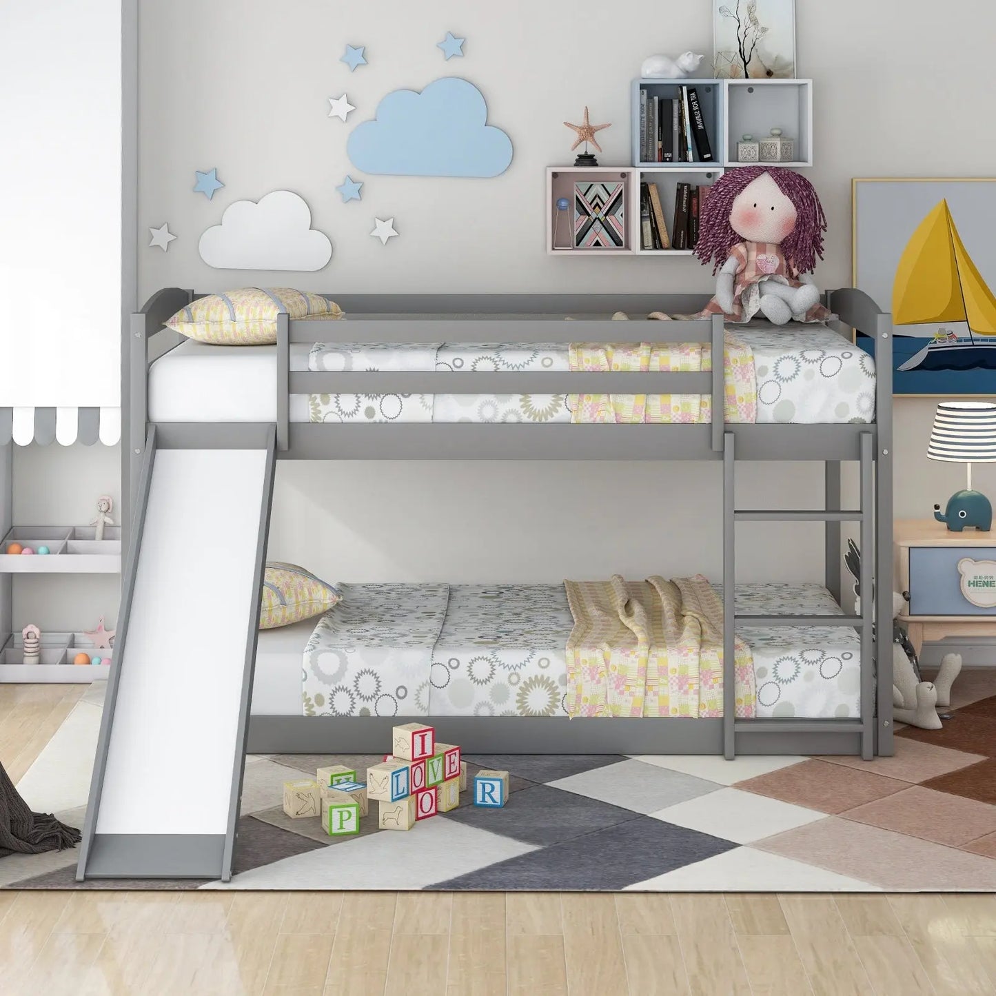 Gray Twin Twin Bunk Bed Convertible Slide Ladder My Store