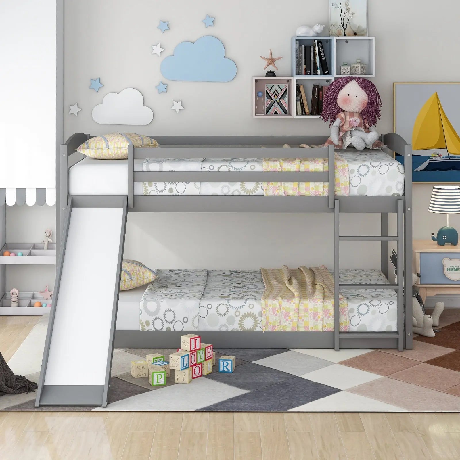 Gray Twin Twin Bunk Bed Convertible Slide Ladder My Store