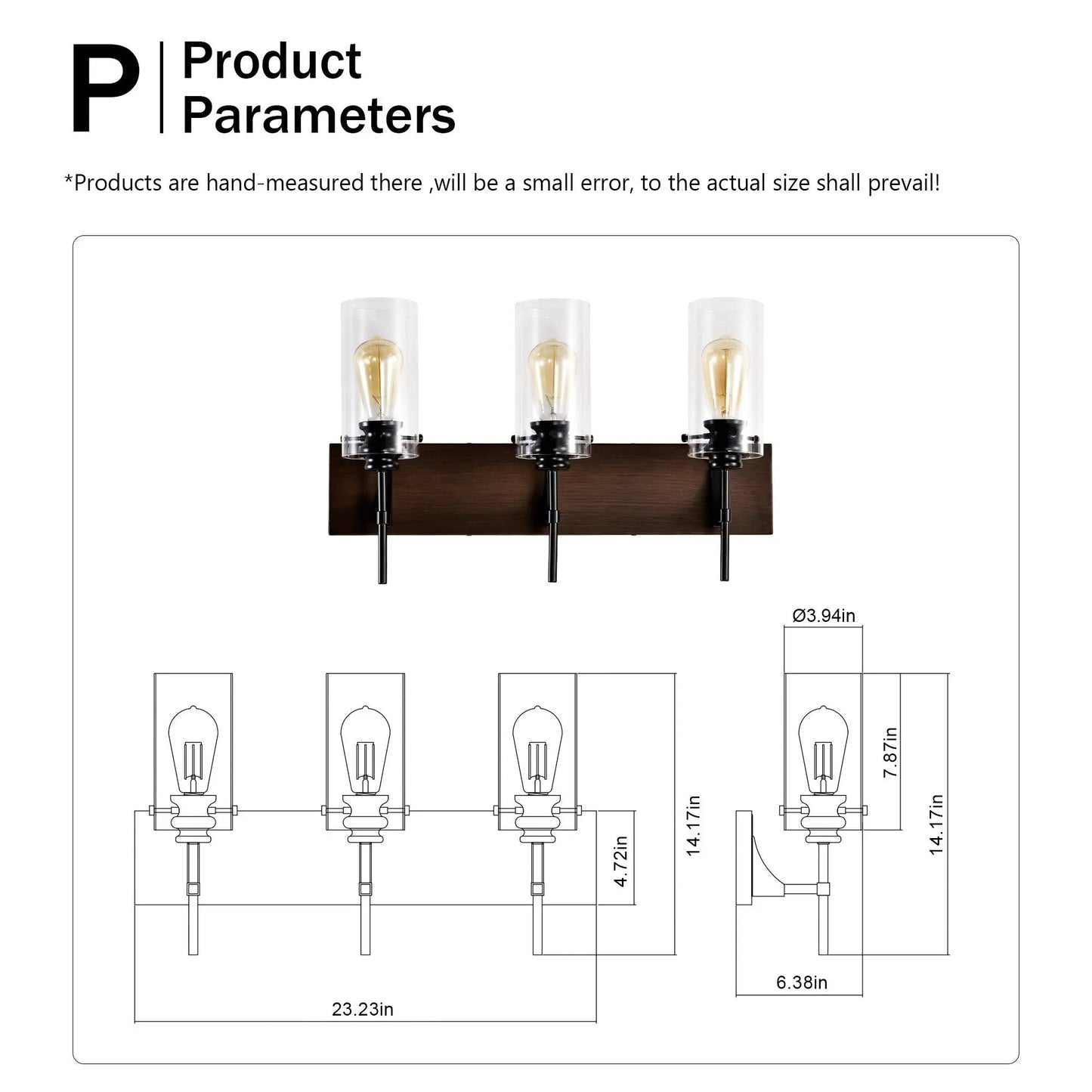 3-Light Matte Black Wood Color Bathroom Light Fixture Inkedjoy