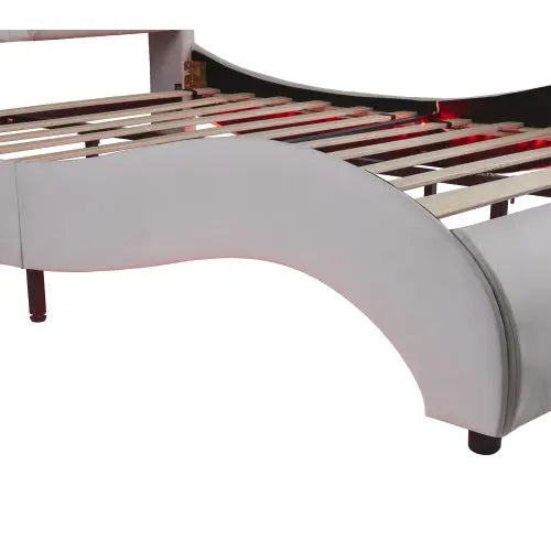 Queen Size Upholstered Faux Leather Platform Bed With LED Light Bed Frame With Slatted - White My Store