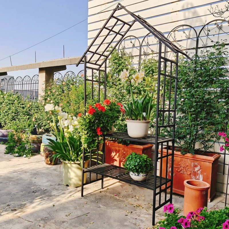 Metal Garden Arch, With Benches- Black Inkedjoy