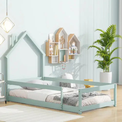 Twin Size Wood Bed With House-shaped Headboard Floor Bed With Fences,Light Green My Store