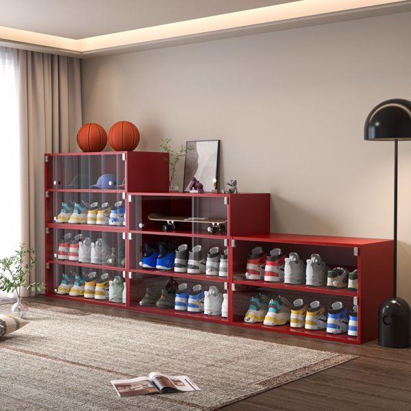 Red Glass Door Shoe Storage Cabinet LED Light - Single Inkedjoy