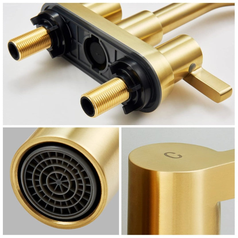 Brushed Gold Bathroom Faucet 4 Inch 2 Handle, Swivel Spout With Brass Drain My Store