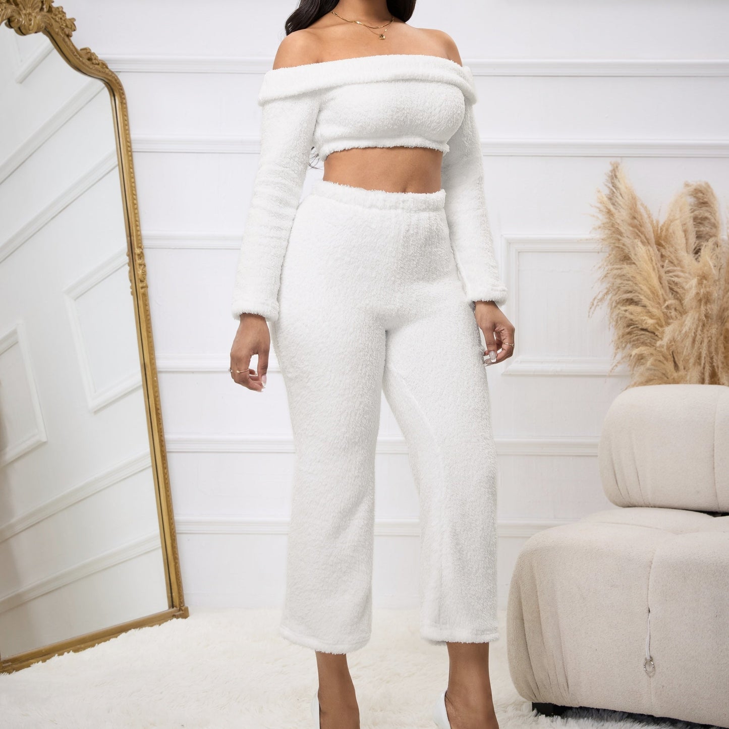 Women's One Shoulder Thick Velvet Long Sleeve Top And Loose Wide Leg Pants Autumn Winter Warm Fashion Set Inkedjoy