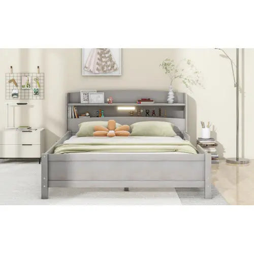 Wood Full Size Platform Bed With Built-in LED Light, Storage Headboard And Guardrail, Antique Grey My Store