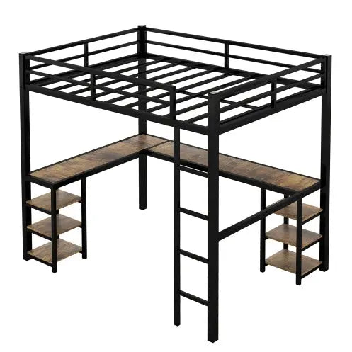 Full Metal Loft Bed With Desk And Shelves, Loft Bed With Ladder And Guardrails, Loft Bed Frame For Bedroom My Store