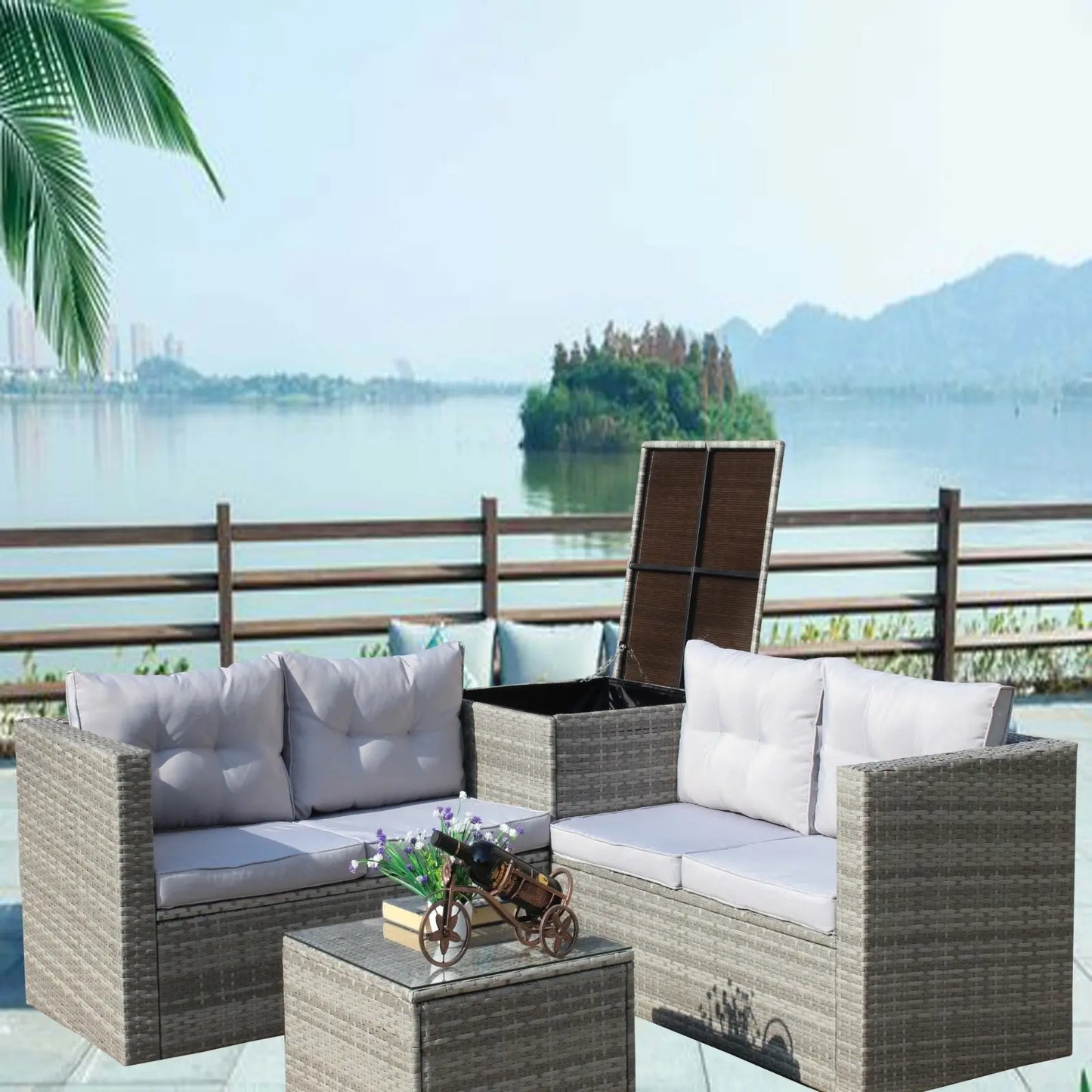 4Pc Patio Sectional Wicker Rattan Sofa Set W Storage Box Grey My Store